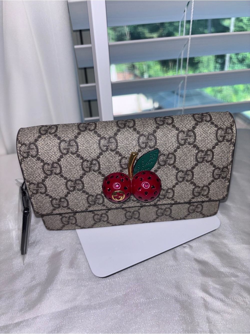Gucci Beige GG Supreme Cherry-Embellished Crossbody Bag